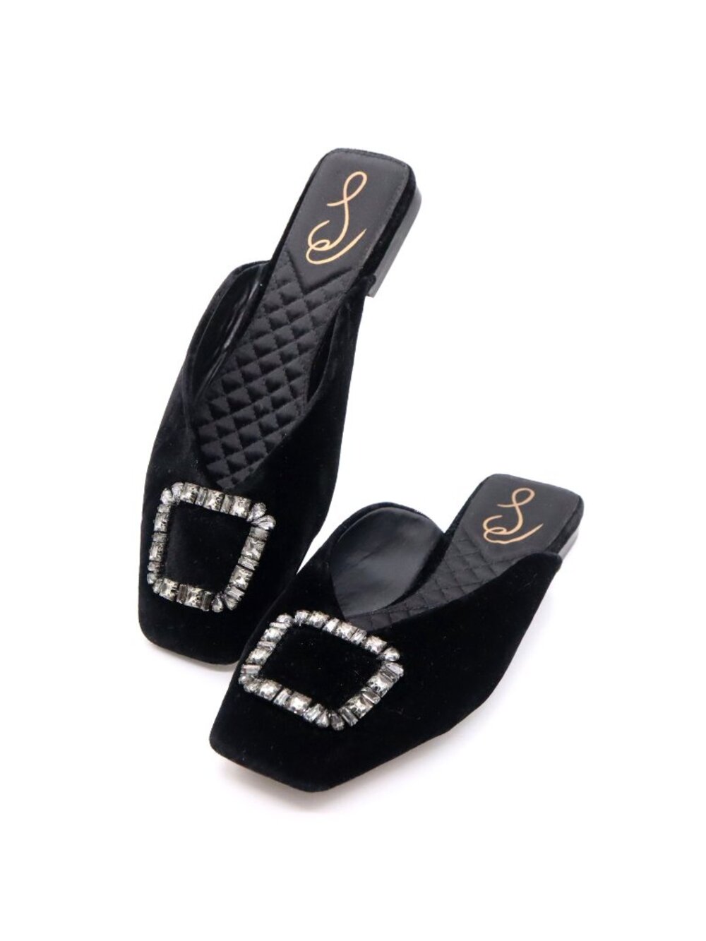 Sam Edelman Sz 6.5 Black Velvet Lavina Mules w/ Rhinestone Buckle